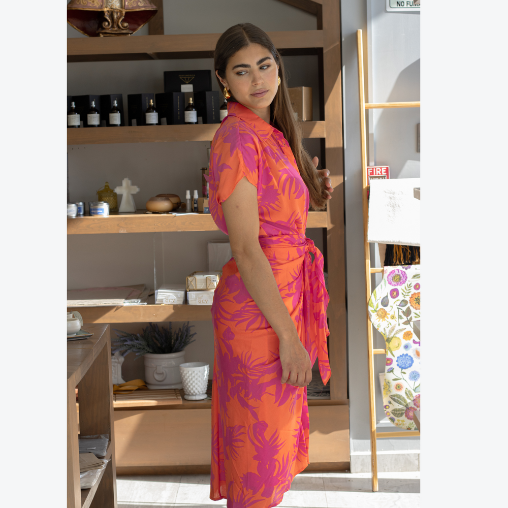 Tropical Pink Orange Midi Dress
