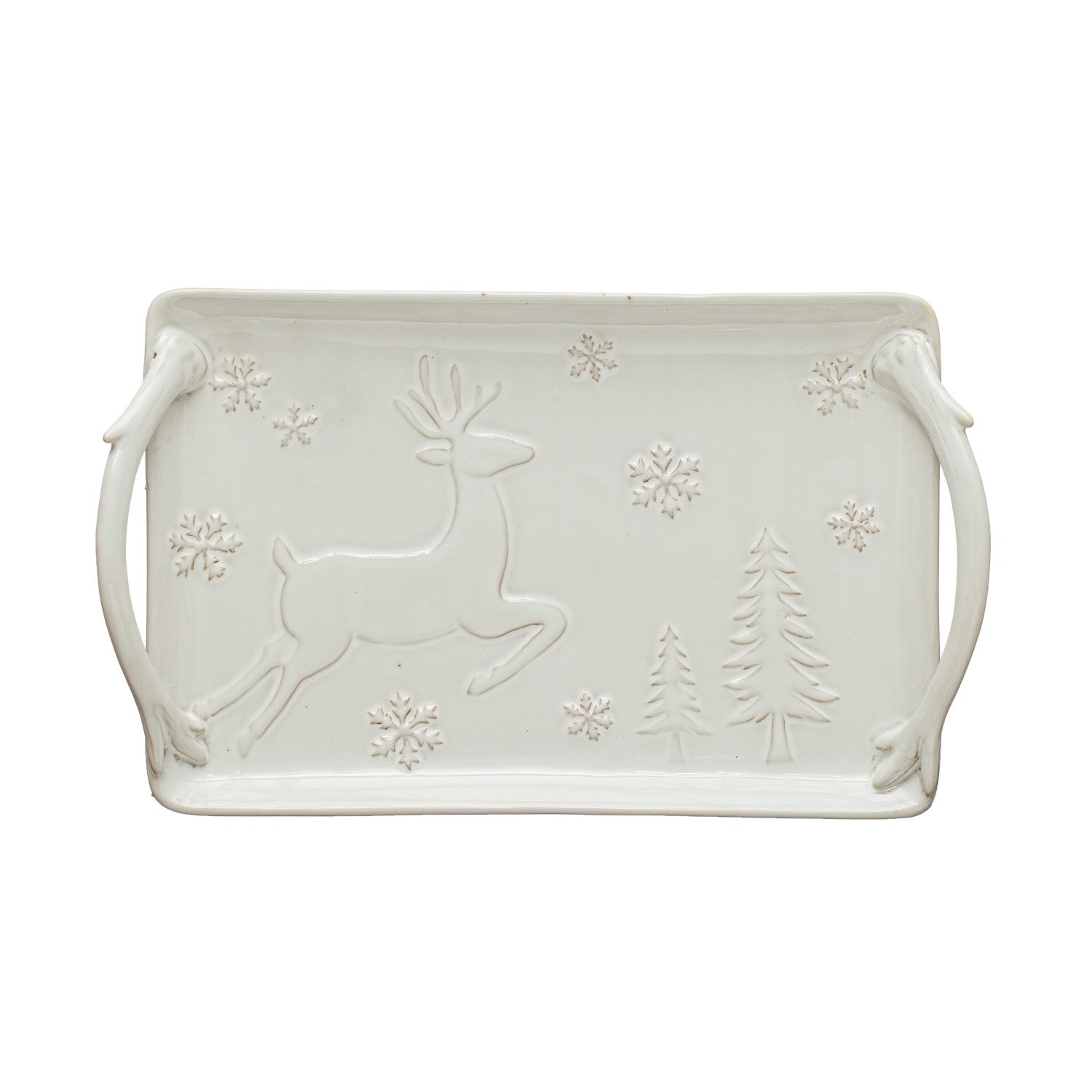 Debossed Stoneware Tray w/ Deer, Snowflakes & Trees